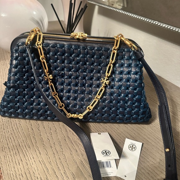 Tory Burch Handbags - Tory Burch Navy Woven Shoulder Bag with Gold Chain